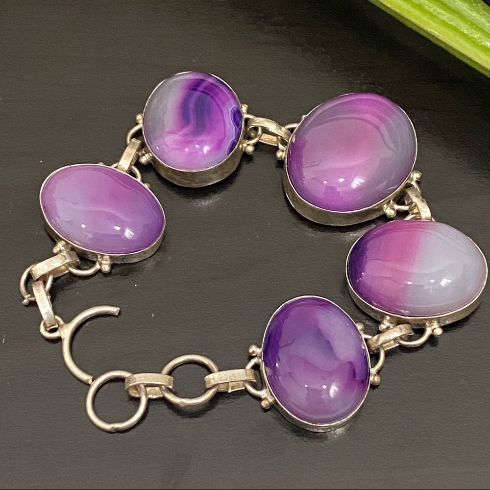 925 Silver Purple Flourite Agate Chunky Bezel Gemstone Toggle Bracelet